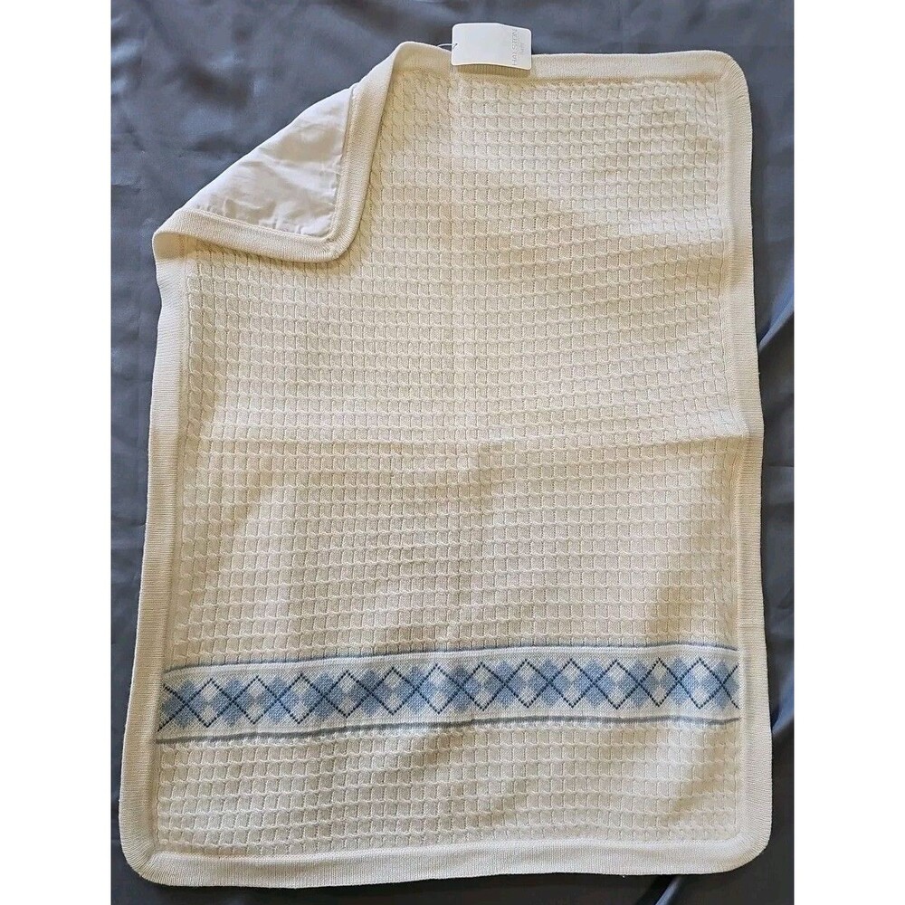 Halston Baby Blanket Vintage Ivory Blue Argyle Wool Knit Lined